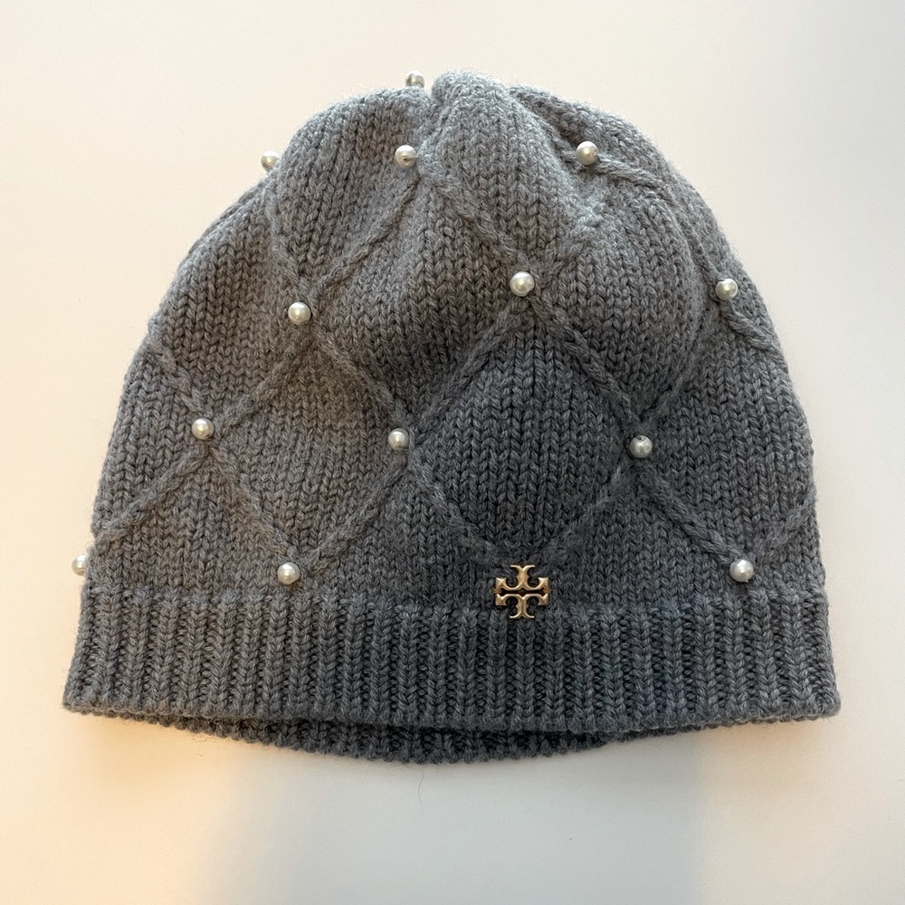 Gray Tory Burch beanie with pearl details